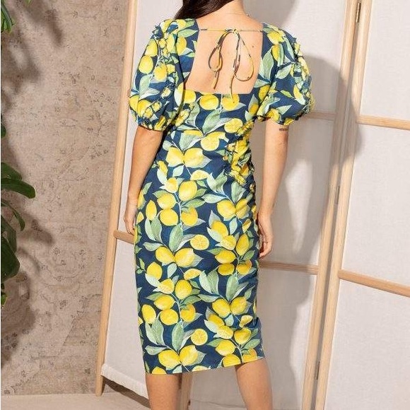 Hope & Ivy Lemon Print Puff Sleeve Midi Dress Mediterranean Cottagecore Size 14 - Picture 11 of 12